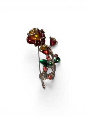 Enamel Rose Floral Brooch Pin in Red, Yellow & Green